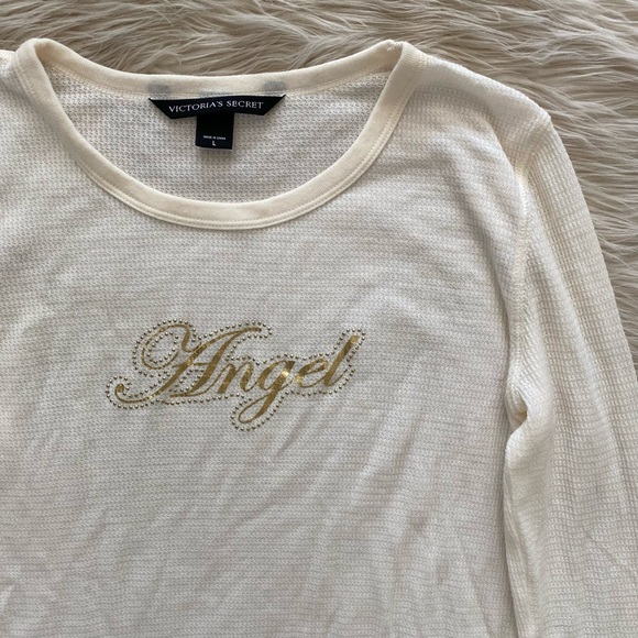 Victoria’s Secret Cream Gold Angel Wings Embellished Thermal Long Sleeve Pj Top - Picture 2 of 10